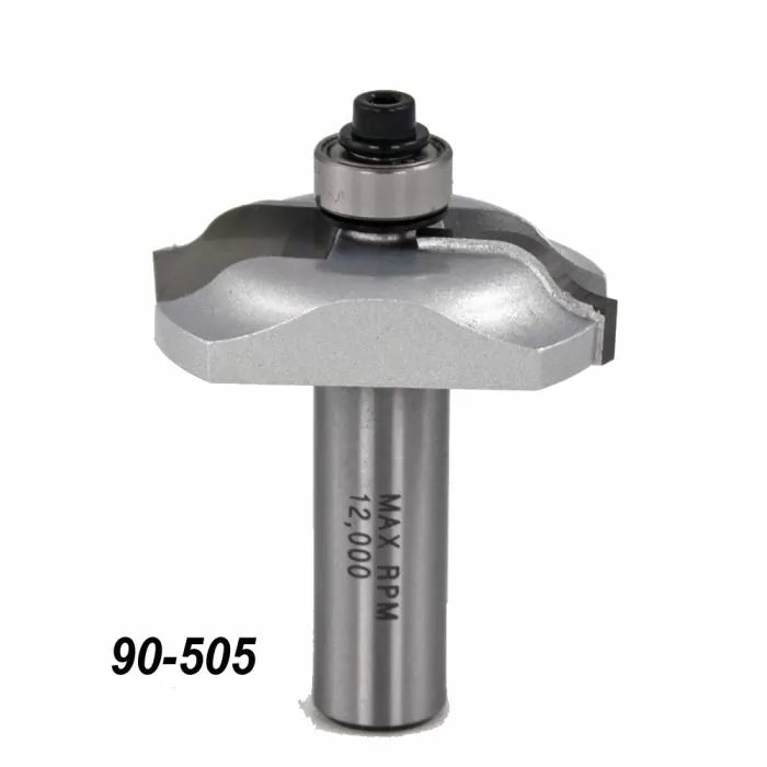 Carbide-tipped router bit with bearing for woodworking, labeled 90-505, max 12,000 RPM.
