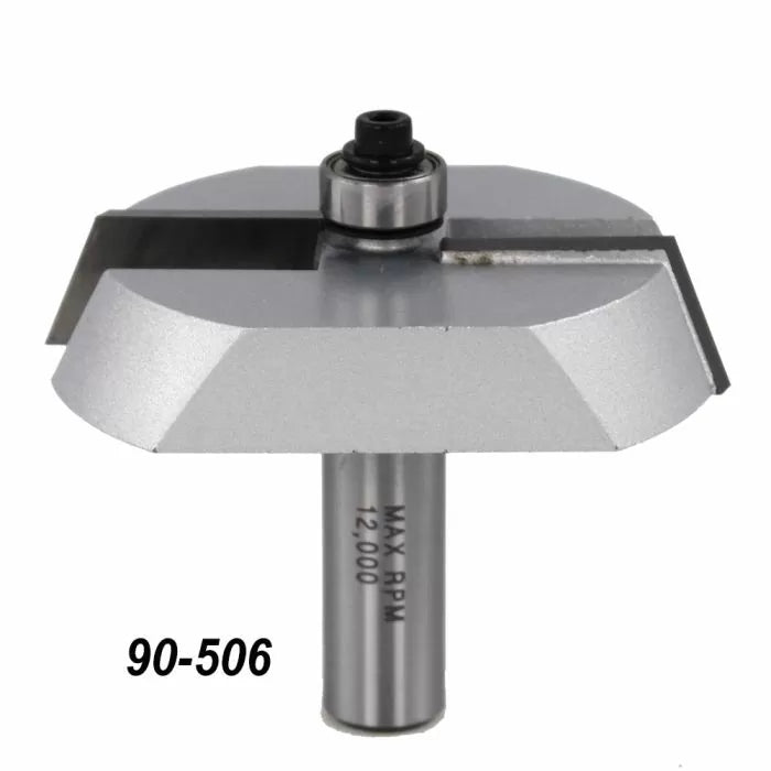 Carbide tipped rabbeting router bit with bearing, labeled 90-506, for woodworking