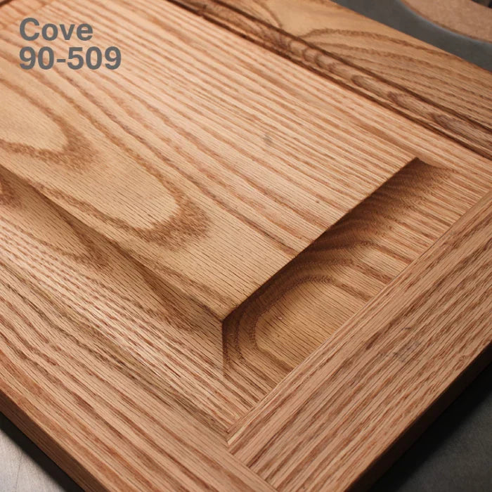 Wood panel with cove cut detail, natural grain visible, woodworking sample labeled 90-509