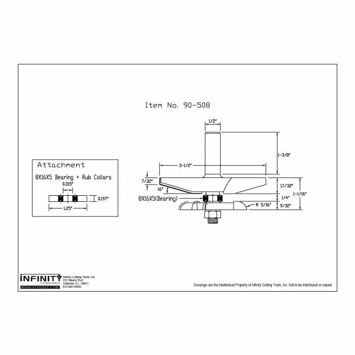 Technical drawing of woodworking router bit with dimensions and attachment details