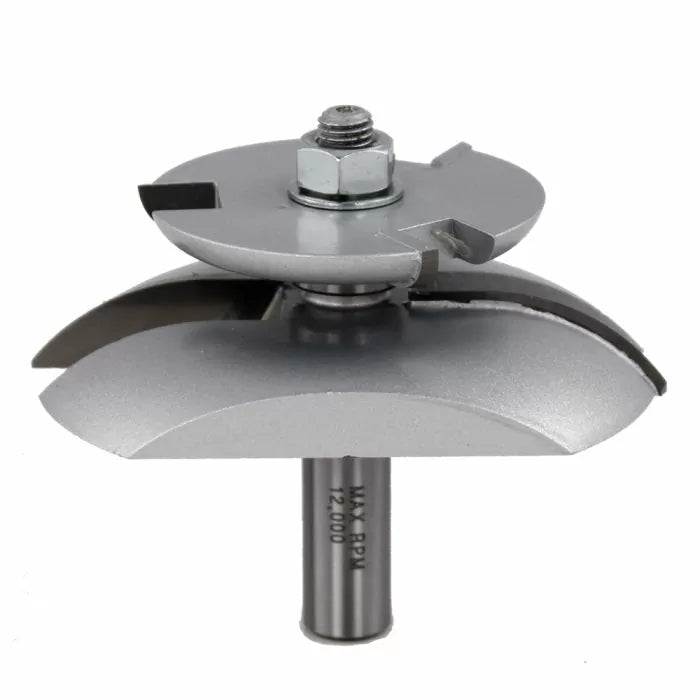Carbide-tipped router bit set for woodworking joinery, isolated on white background