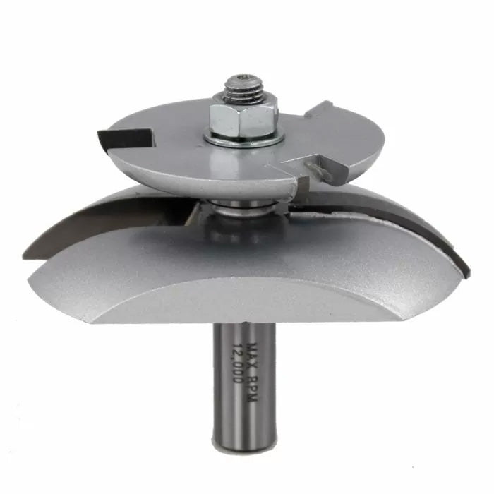 Woodworking router bit set with metal cutting blades for joinery and shaping tasks