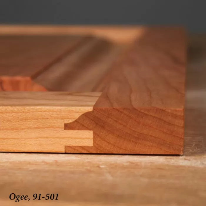 Ogee profile wooden door frame joinery close-up for woodworking projects