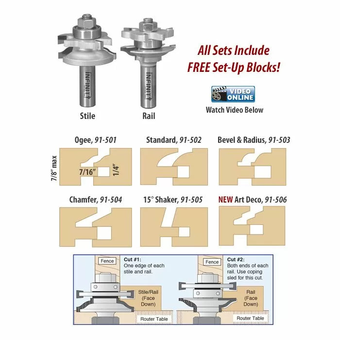 Router bit set for stile and rail cuts with sample woodworking profiles and cutting instructions.