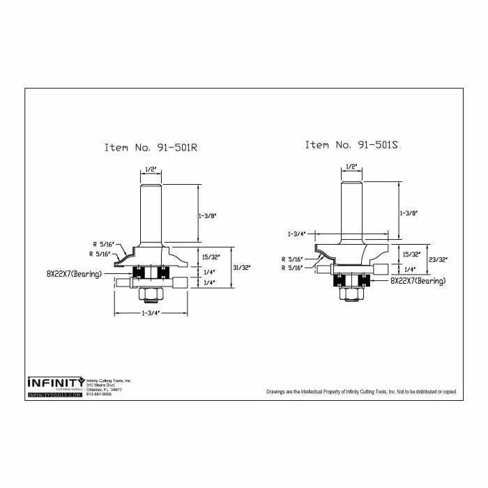 Technical diagram of router bits 91-501R and 91-501S with detailed measurements.