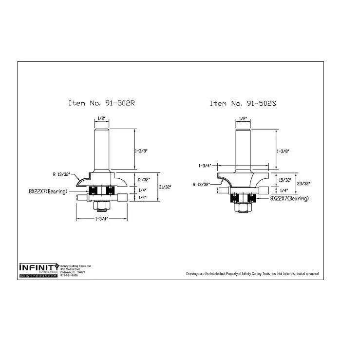 Technical drawing of 91-502R and 91-502S router bits with precise measurements, woodworking tool diagram