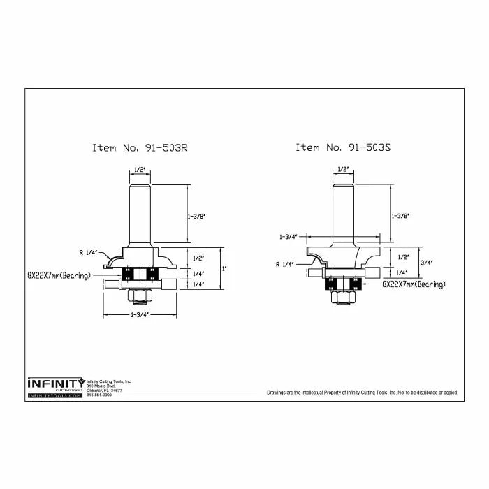 Technical drawing of woodworking router bits, model 91-503R and 91-503S, with dimensions.