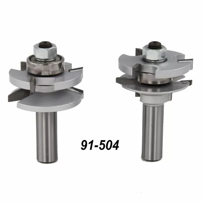 Two stacked rail and stile router bits for woodworking with part number 91-504