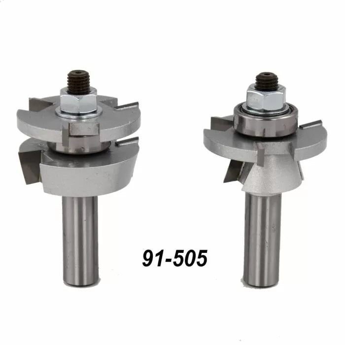 Two steel router bit sets with bearings on white background, labeled 91-505, woodworking tools