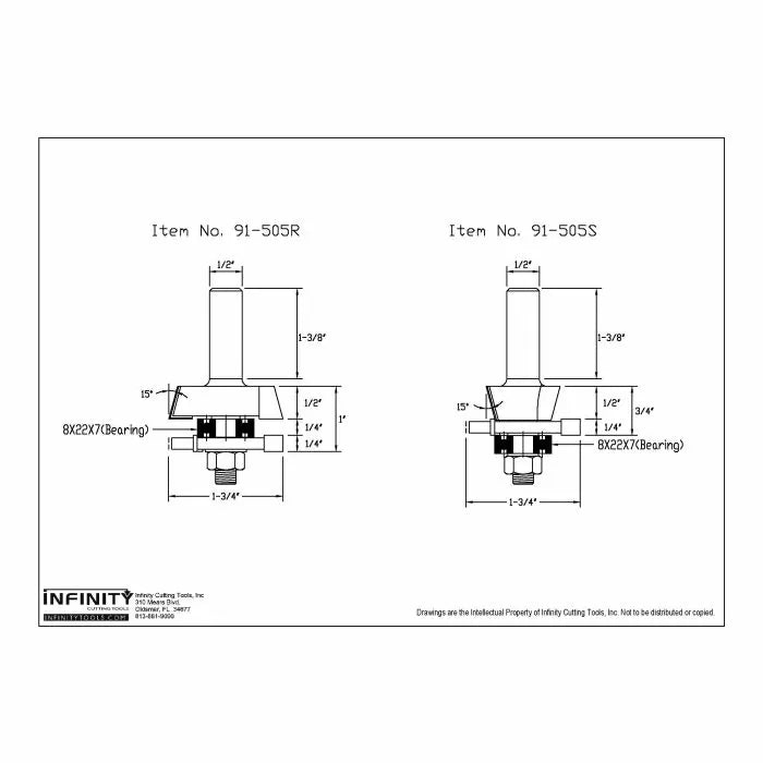 Technical drawing of two router bits with measurements, labeled 91-505R and 91-505SS.