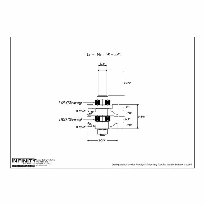 Technical diagram of router bit assembly with bearings, labeled dimensions, and part number 91-521.