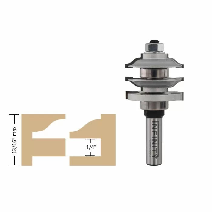 Woodworking rail and stile router bit with diagram and cut profile measurements