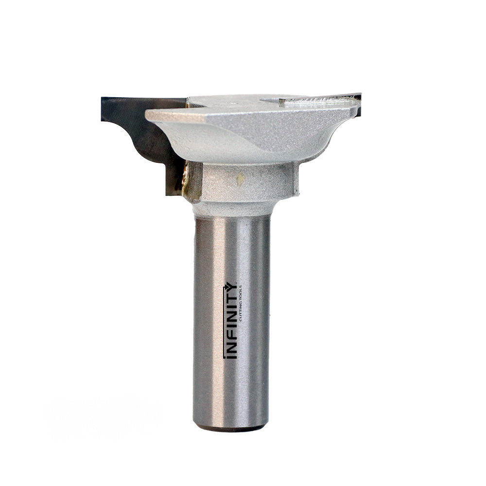 Large steel woodworking router bit with decorative edge profile on white background