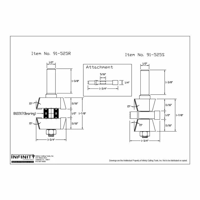 Technical diagram of woodworking router bits with dimensions and part numbers 91-525R, 91-525S.
