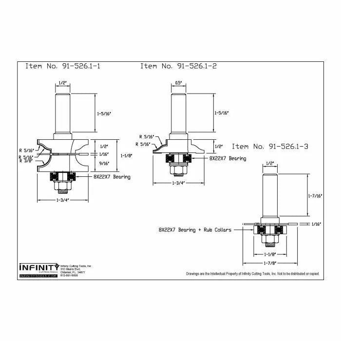Technical drawing of three woodworking router bits with precise dimensions and bearing details.