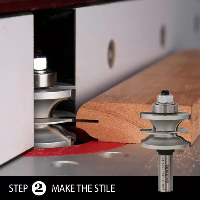 Router table setup cutting a wooden stile with a stile and rail router bit for woodworking.