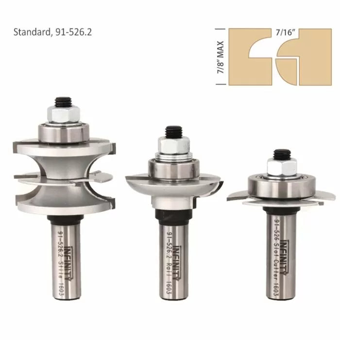 Three carbide router bit sets for woodworking with detailed joinery profile diagram