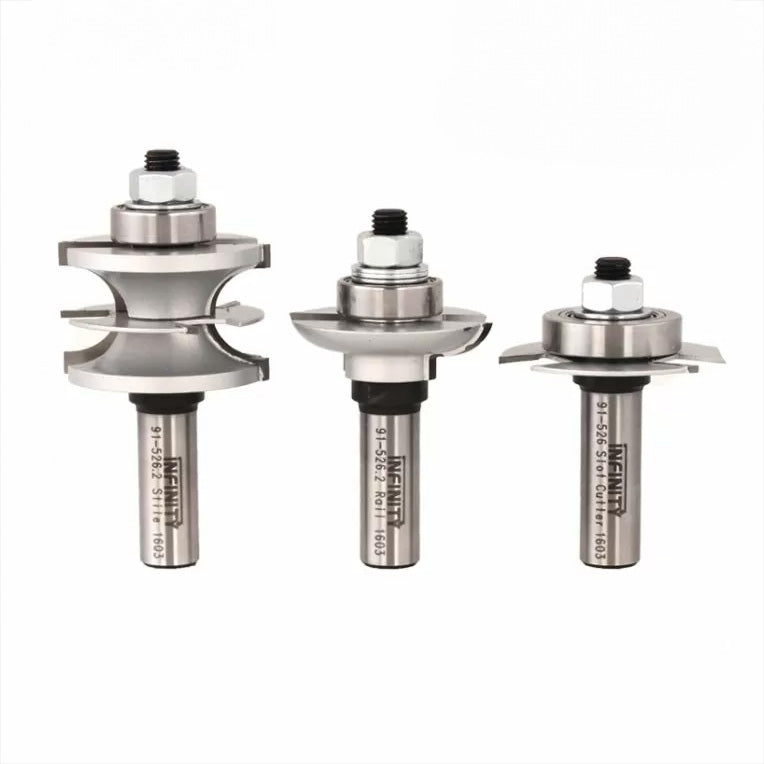 Set of three steel router bits for woodworking, each with precision cutting edges and shanks