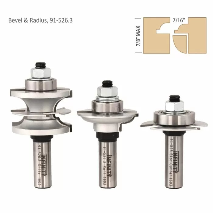 Three steel woodworking router bits for bevel and radius cuts, shown with joint profile diagram.