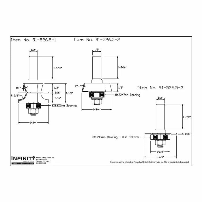 Technical drawing of three woodworking router bits with measurements and labeled parts.