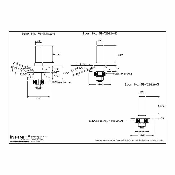 Technical drawing of woodworking router bits with labeled dimensions and bearing sizes