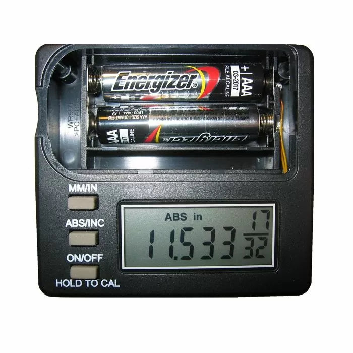 Digital caliper display with AAA batteries, measurement buttons, and LCD screen.