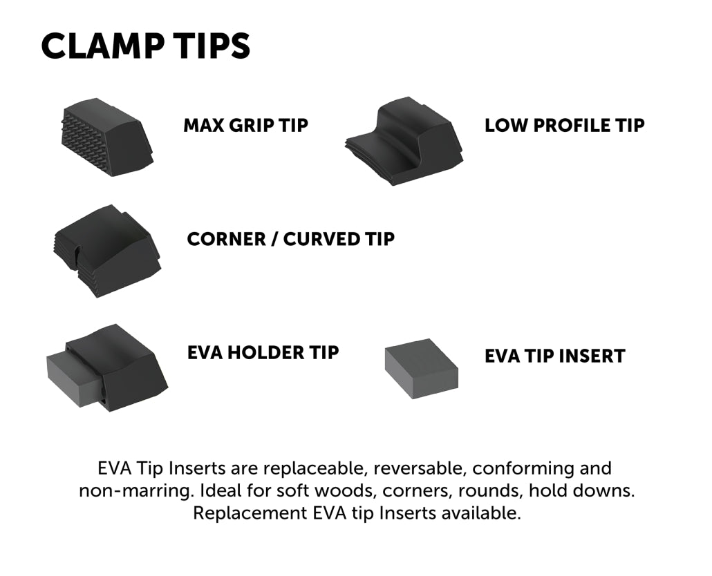 Assorted woodworking clamp tips including max grip, low profile, corner, and EVA tip insert.
