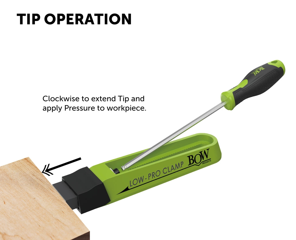 Low-profile woodworking clamp applying pressure to a wood block with screwdriver adjustment.