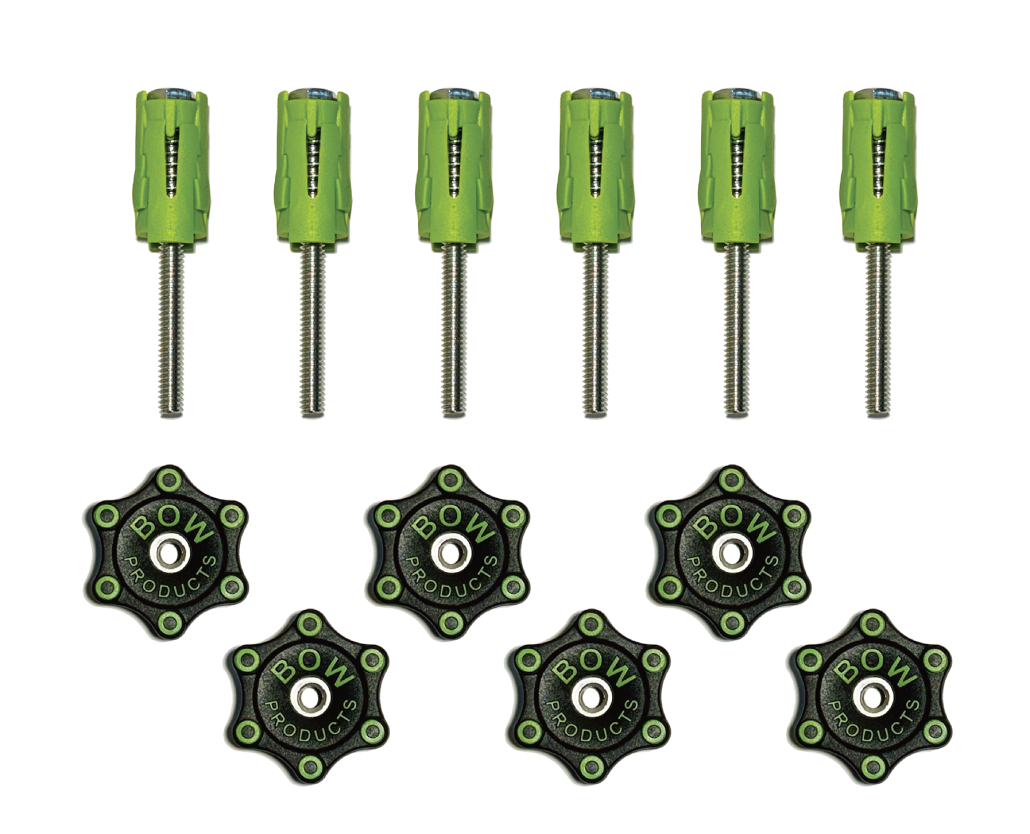 Pack of six green woodworking hold-down knobs and screws for jig or router table