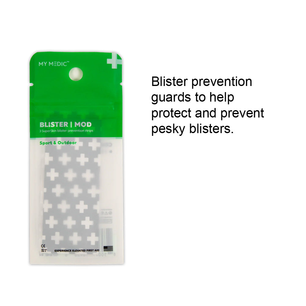 Blister prevention strips in green and clear packaging for protecting against blisters.