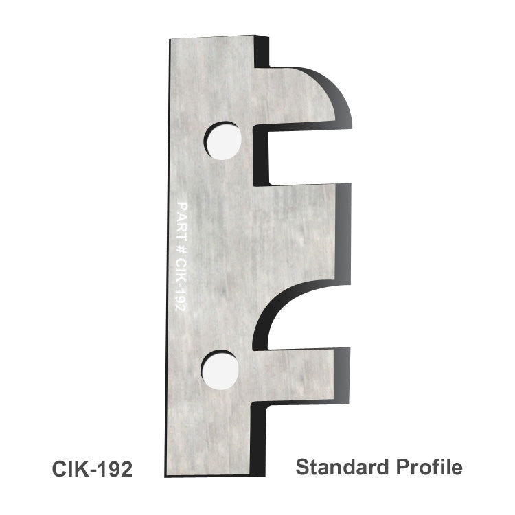 Standard profile CIK-192 molding cutter knife, steel blade with two mounting holes.
