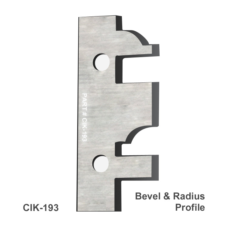 Replacement carbide insert knife CIK-193 with bevel and radius profile for woodworking planer or jointer.