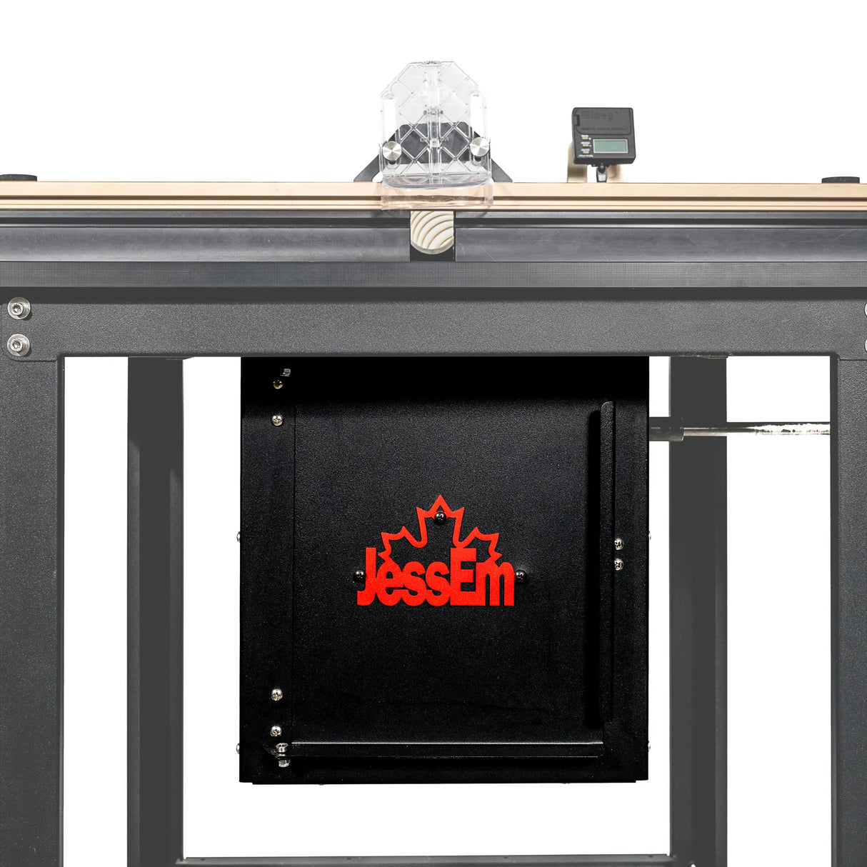 Router table dust box with ventilation, digital gauge, and safety guard for woodworking