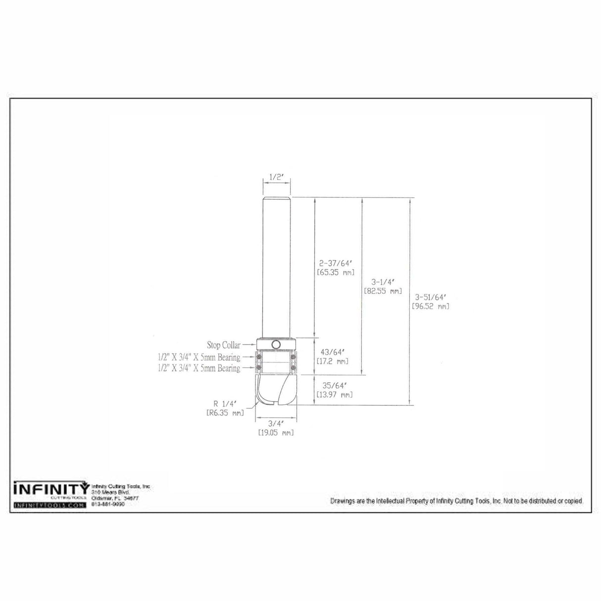 Technical drawing of woodworking router bit with dimensions and labeled parts