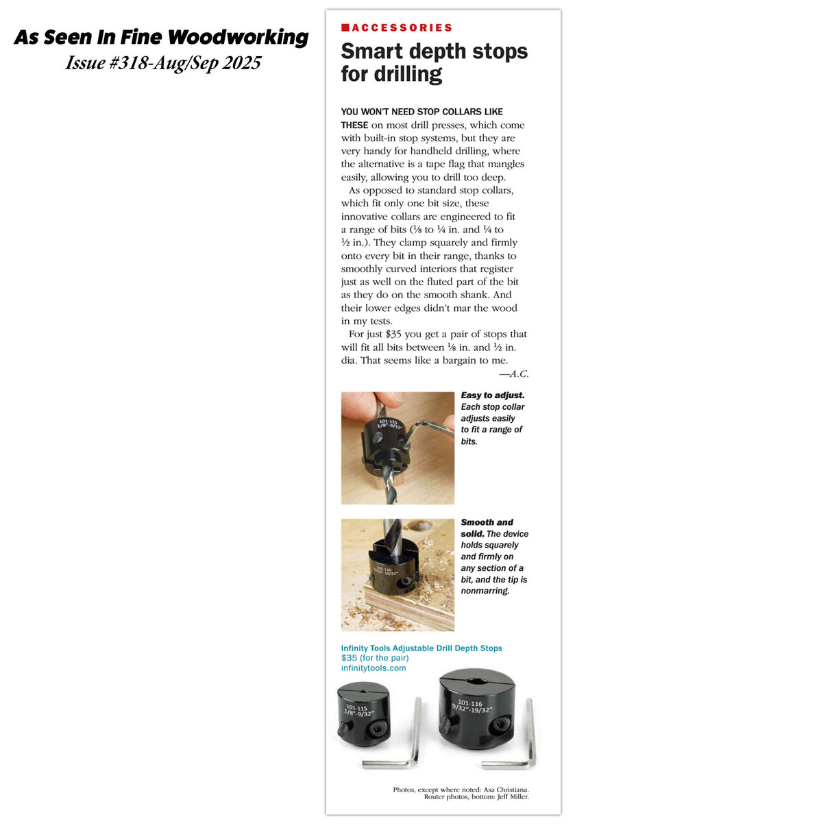 Black adjustable drill depth stops for woodworking, shown on drill bits with hex keys.