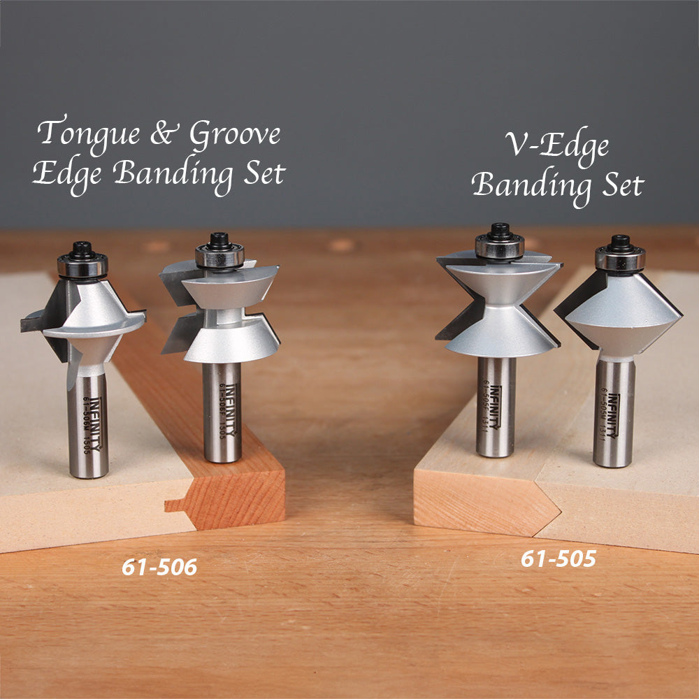 Tongue and groove edge banding router bit set and V-edge banding set on wood pieces