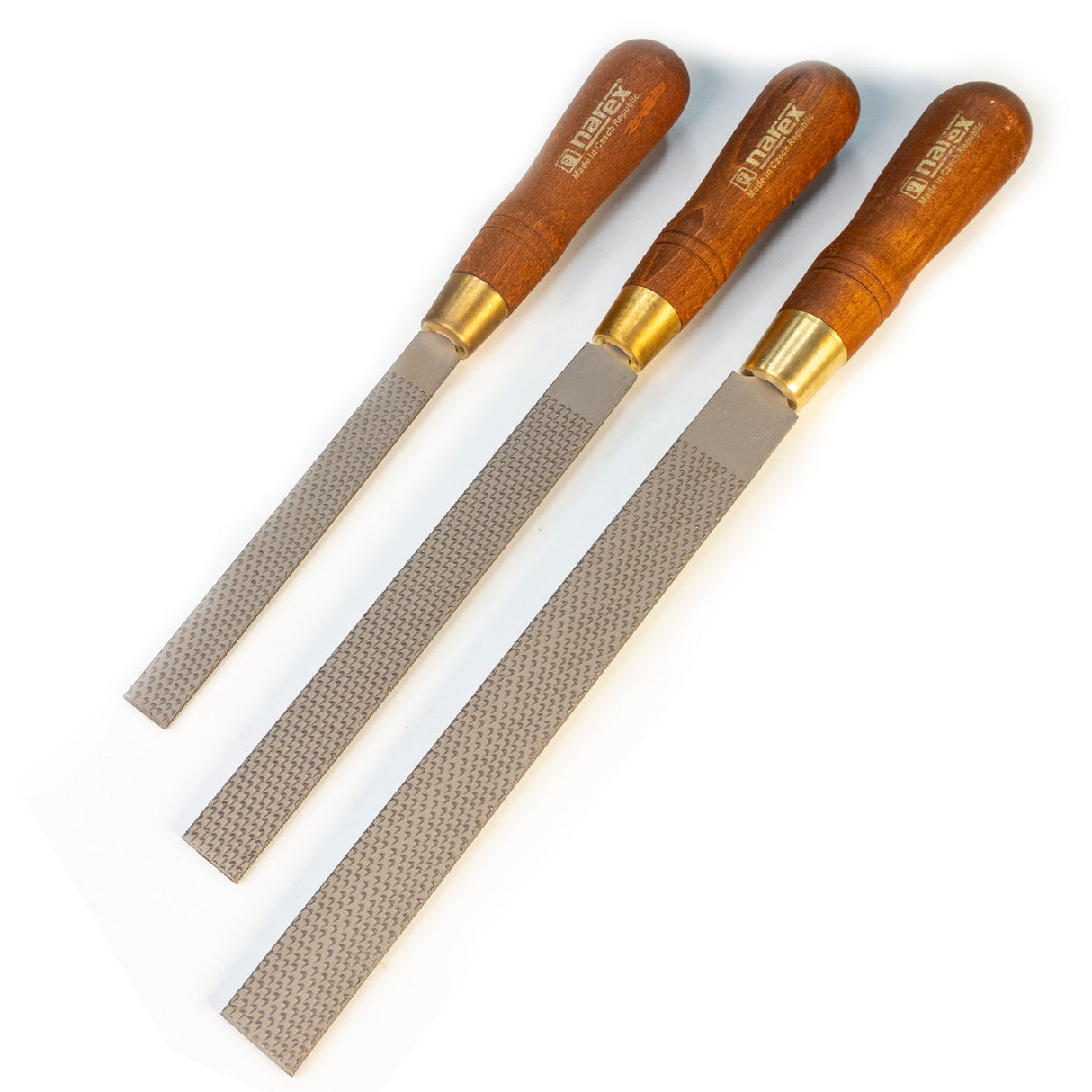 Set of three flat wood rasps with wooden handles for woodworking and shaping tasks
