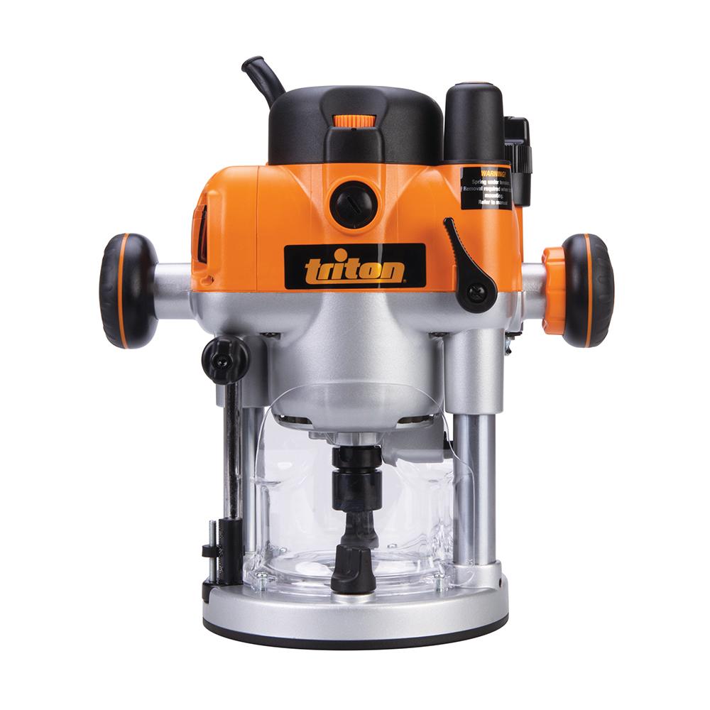 Triton plunge router for woodworking with orange housing and side handles