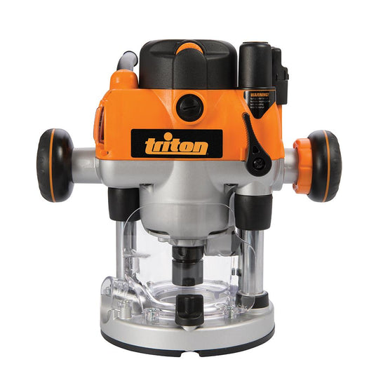 Triton plunge router for woodworking with ergonomic handles and precision base