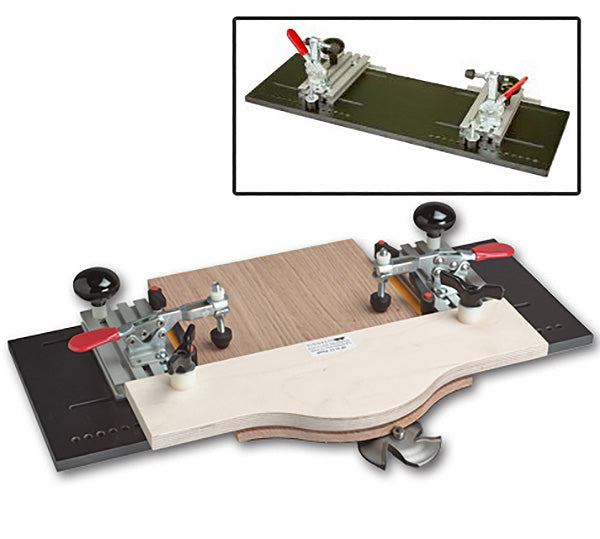 Woodworking jig with clamps for router table, holding shaped wood panel for precise cutting
