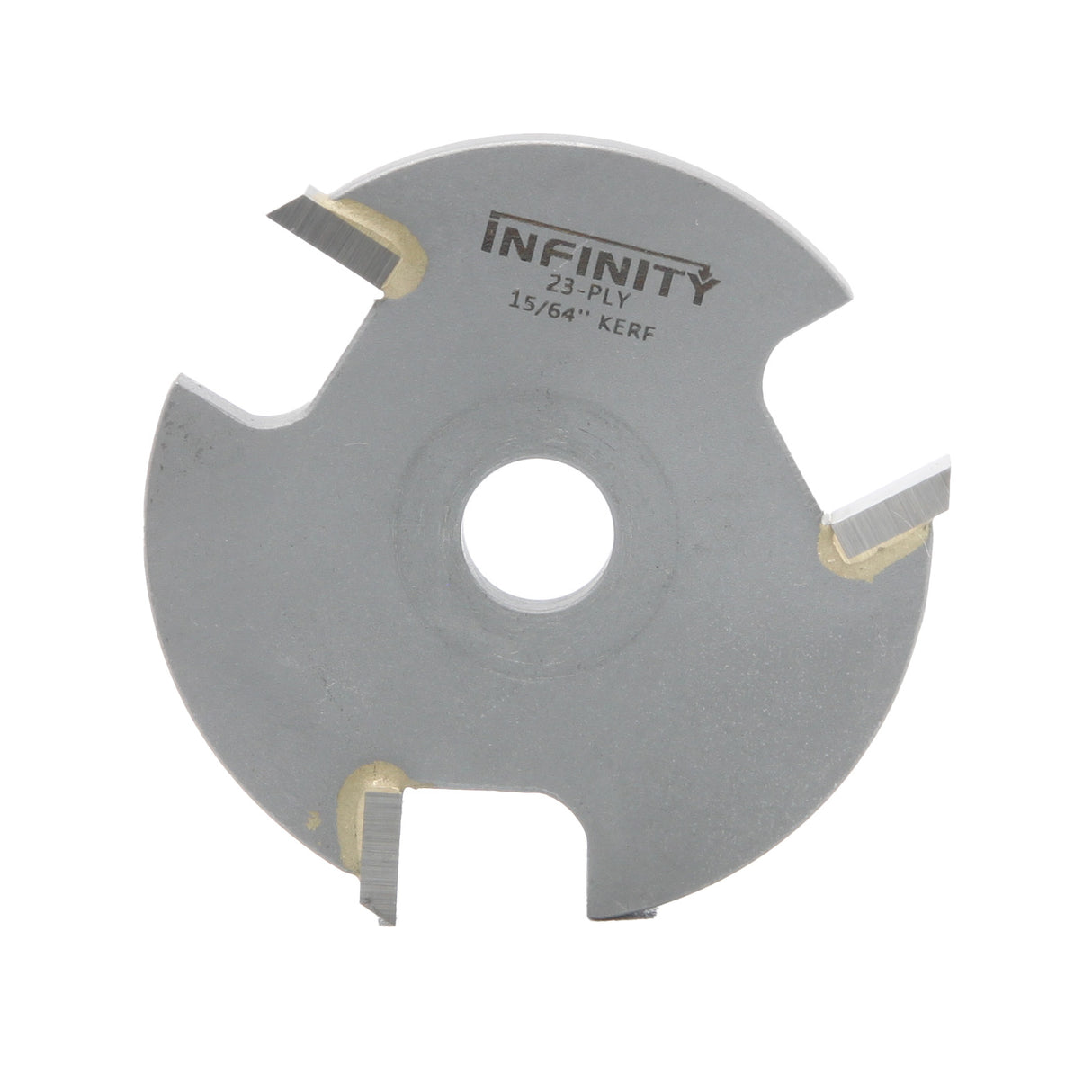 Carbide-tipped plywood saw blade with three teeth and center arbor hole for woodworking.