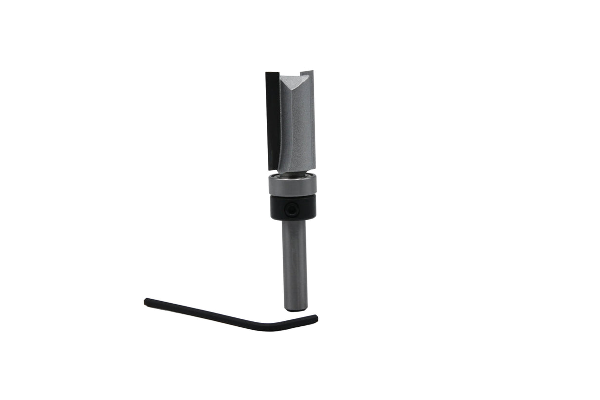Carbide-tipped straight router bit with hex key on white background for woodworking