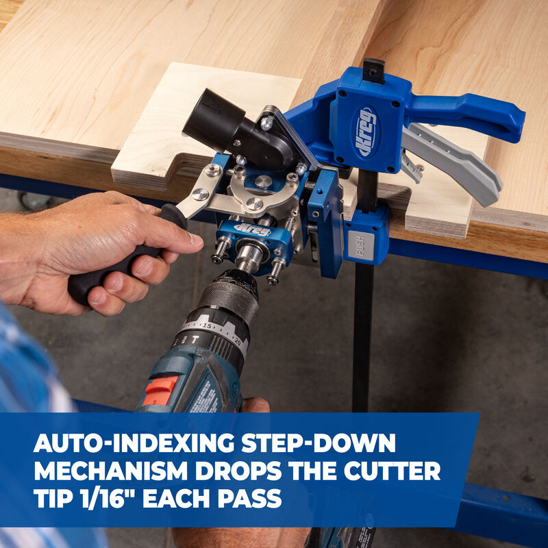 Woodworker using a pocket hole jig and drill on clamped wood panel, auto-indexing feature shown.