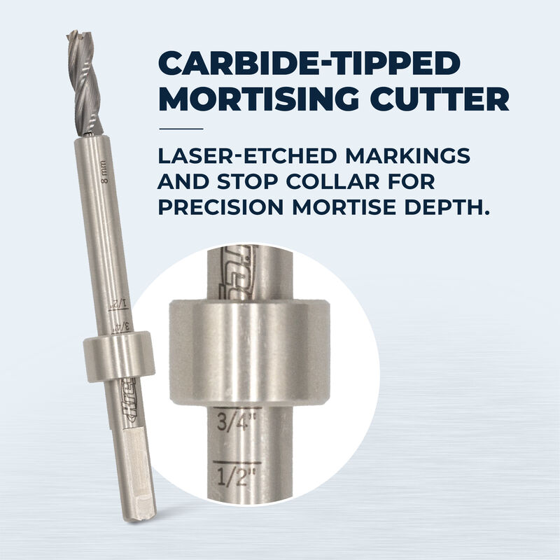 Carbide-tipped mortising cutter with laser-etched depth markings and stop collar for woodworking.