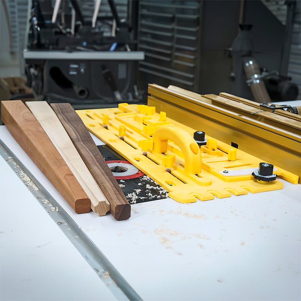 Woodworking table saw setup with yellow featherboard and hardwood strips