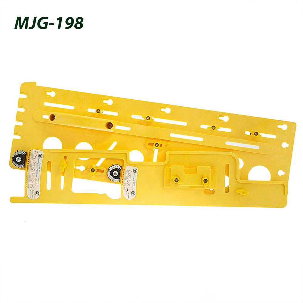 Yellow woodworking router jig with adjustable guides and measurement markings, model MJG-198