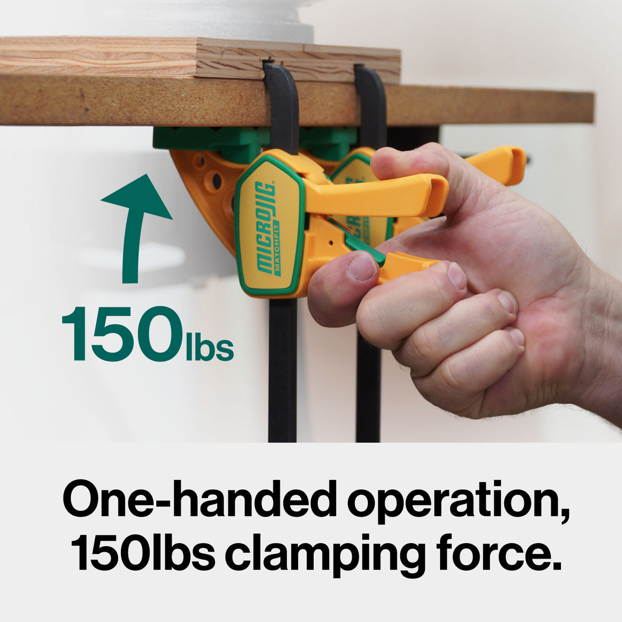 One-handed woodworking clamp securing wood, 150 lbs clamping force, strong grip tool