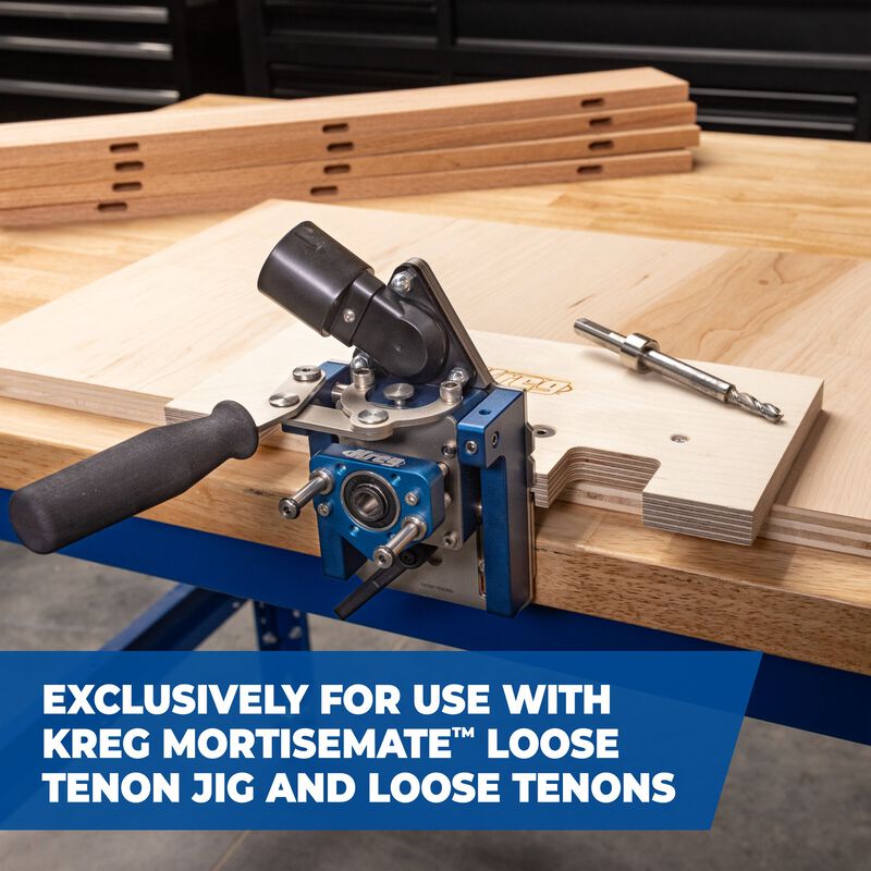 Kreg MortiseMate loose tenon jig with drill bit on woodworking bench for precise joinery.