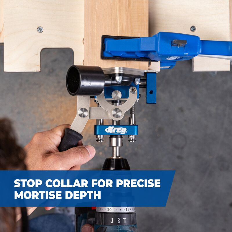 Mortise jig clamped to wood with stop collar for accurate mortise depth drilling