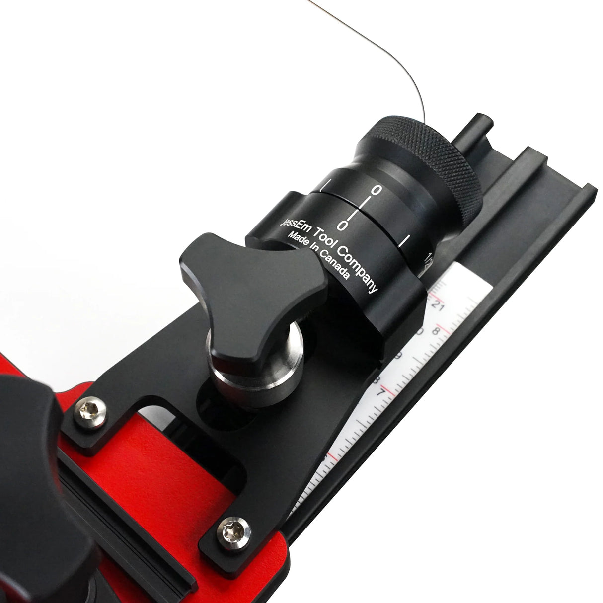 Precision micro-adjuster for woodworking router table with scale and adjustment knob